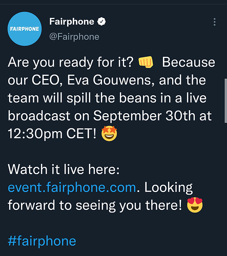 Announcement of https://event.fairphone.com/ on Sept. 30th at 12:30 CET