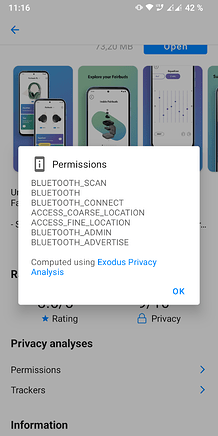 Screenshot 3 adding text: Permissions | BLUETOOTH_SCAN | BLUETOOTH | BLUETOOTH_CONNECT | ACCESS_COARSE_LOCATION | ACCESS_FINE_LOCATION | BLUETOOTH_ADMIN | BLUETOOTH_ADVERTISE | Computed using Exodus Privacy Analysis | OK