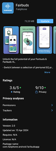 Screenshot 1 showing the app icon, then text: Fairbuds | Fairphone | 73,23 MB | Update | [app screenshots] | Unlock the full potential of your Fairbuds & Fairbuds XL. - Switch between a selection of pre-tuned EQ pr… More | Ratings 3.6/5 Rating 9/10 Privacy | Privacy analyses | Permissions | Trackers | Information | Version 2.0 | Updated on: 15 Apr 2024 | Requires: N/A | License: N/A | Package name: com.fairphone.android.fairbudsapp