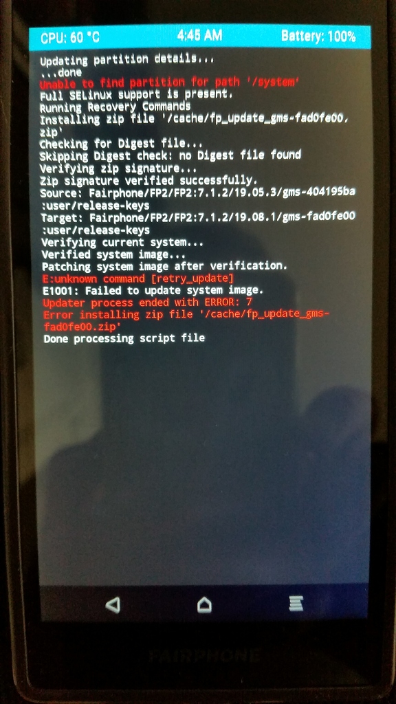  fehlermeldung nach update auf fairphone os version 19 08 1 unable
