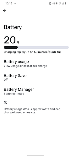 Screenshot of the battery settings page which reads "charging rapidly - 1hr 50 min left until full"