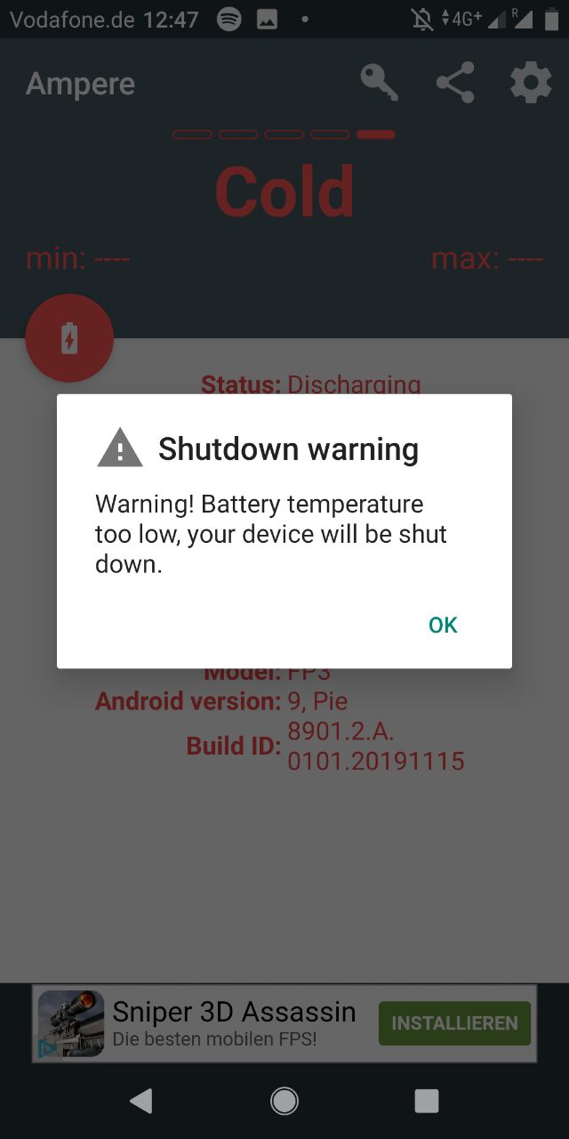 Warning! Battery temperature too low, your device will be shut down -  Fairphone 3 - Fairphone Community Forum